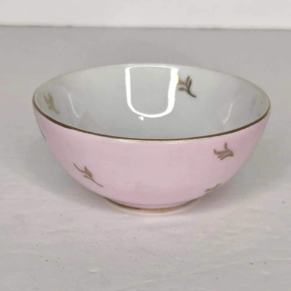 Vintage Hand Painted Pink Porcelain Tea Bowl Floral Gold Gilt Trim Victorian
